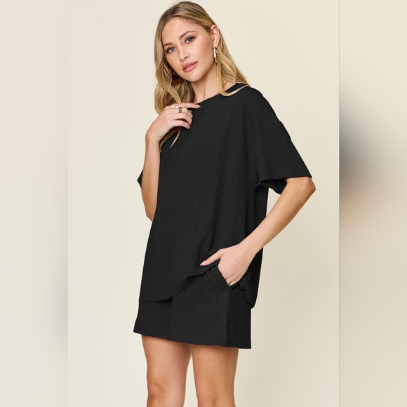 Double Take 2pc Full Size Round Neck Short Sleeve Top and Shorts Set - Picture 3 of 5